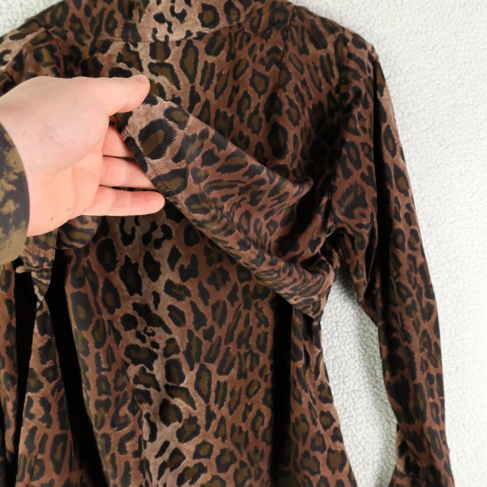 Vintage Shirt Womens 6 Brown Gold Leopard Animal Print Silk Button Up 80s - Picture 6 of 10